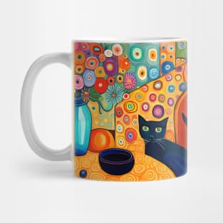 Black Cat with Modern Still Life Painting in Blue Vase Mug